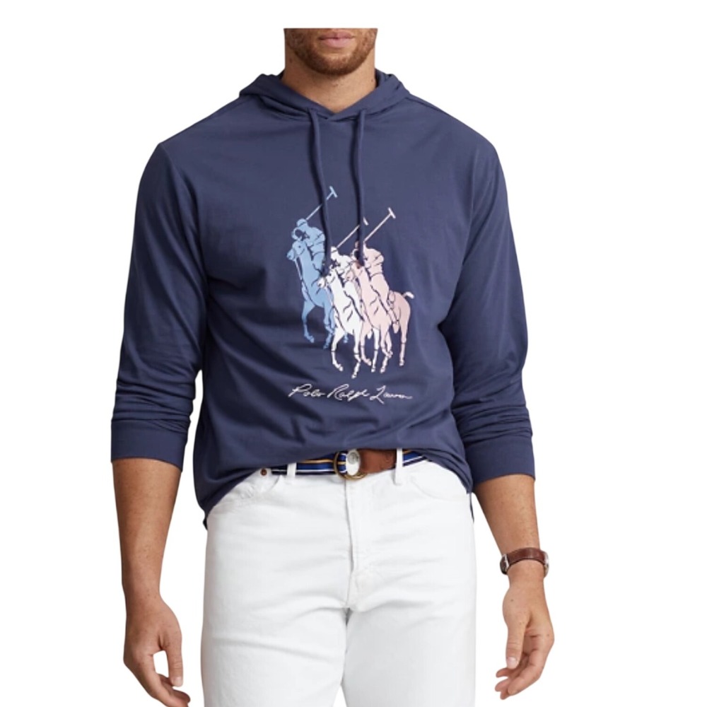 Polo Ralph Lauren Hooded T-Shirt Navy Triple Big Pony Graphic Mens XXL